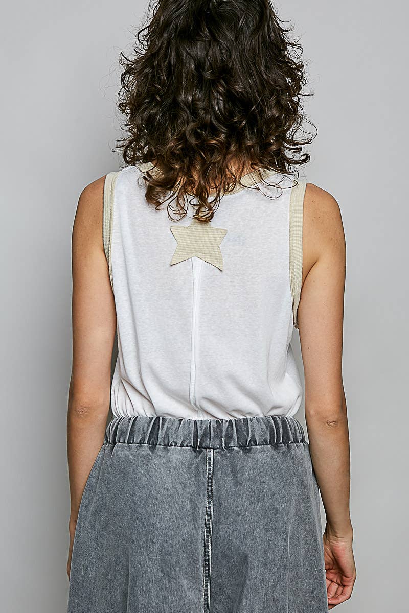 V-neck Sleeveless Front Star Patches Solid Basic Top