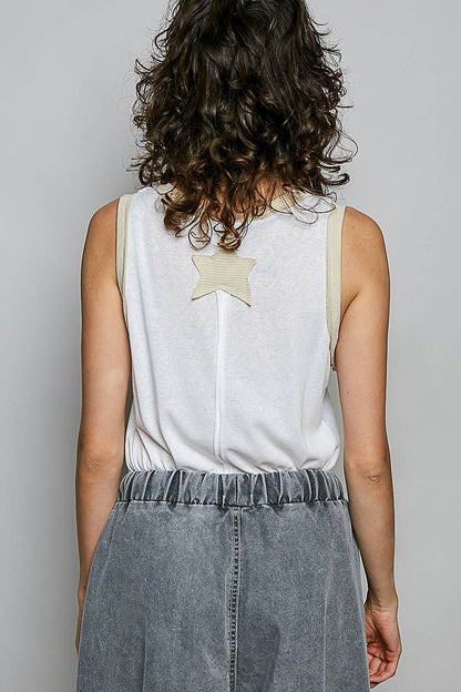 V-neck Sleeveless Front Star Patches Solid Basic Top