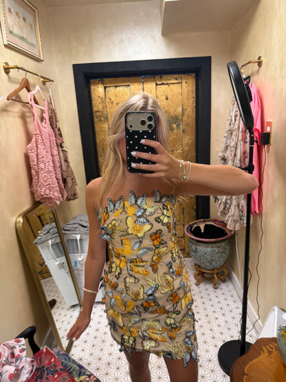 Butterfly Appliqué Strapless Embellished Mini Dress