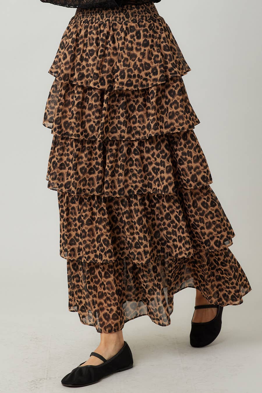 Leopard Print Tiered Ruffle Maxi Skirt