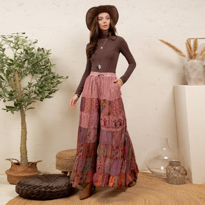 Boho Artisan Tiered Patchwork Wide-Leg Pants