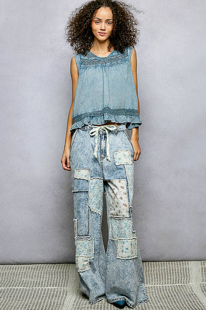 Denim V-Neck Sleeveless Cotton Woven Top