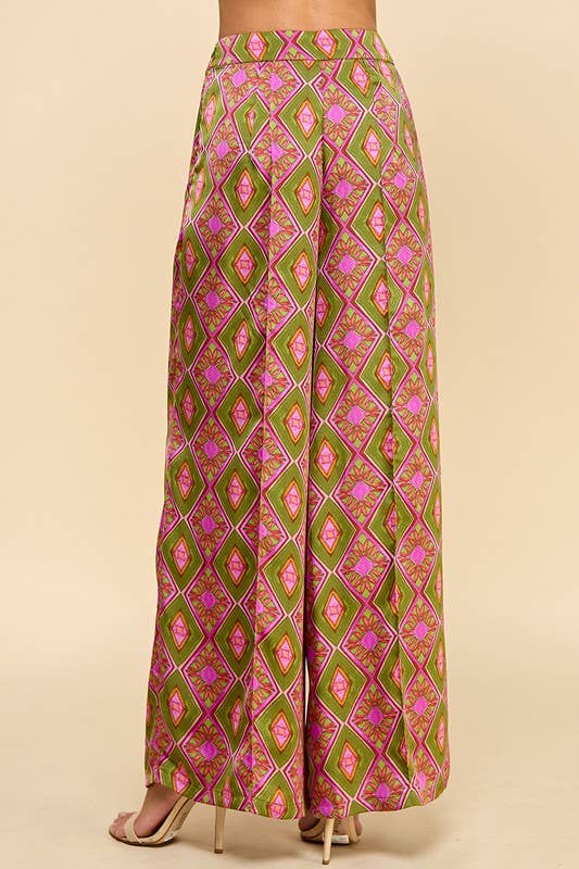 Green and Fuschia Abstract Print Pants