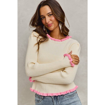 Ruffle Edge Ribbed Sweater Knit Top