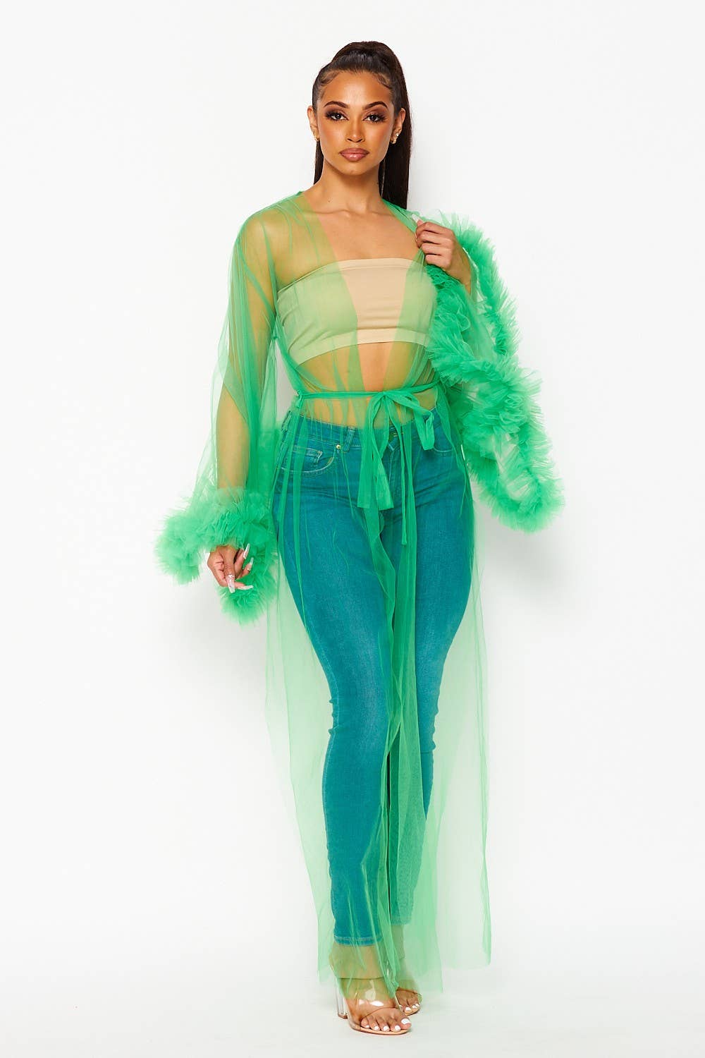 Tulle Mesh Ruffle Duster Cardigan