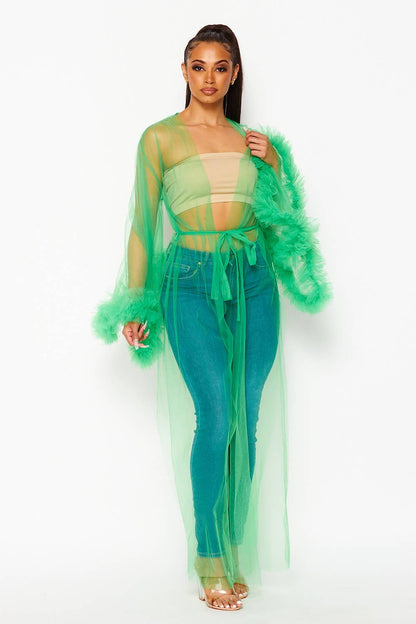 Tulle Mesh Ruffle Duster Cardigan