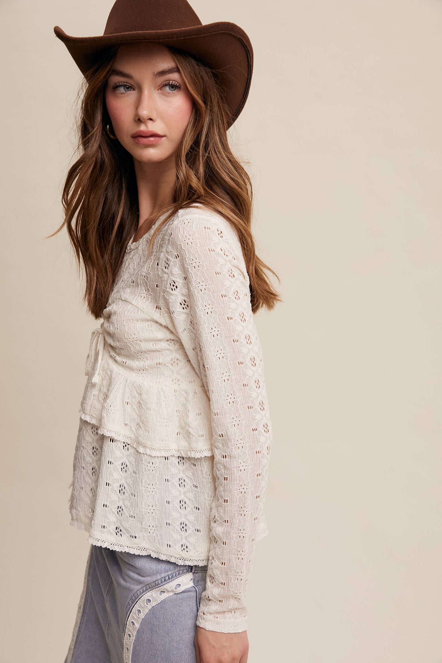 Stretch Lace Tiered Blouse with Drawstring Detail