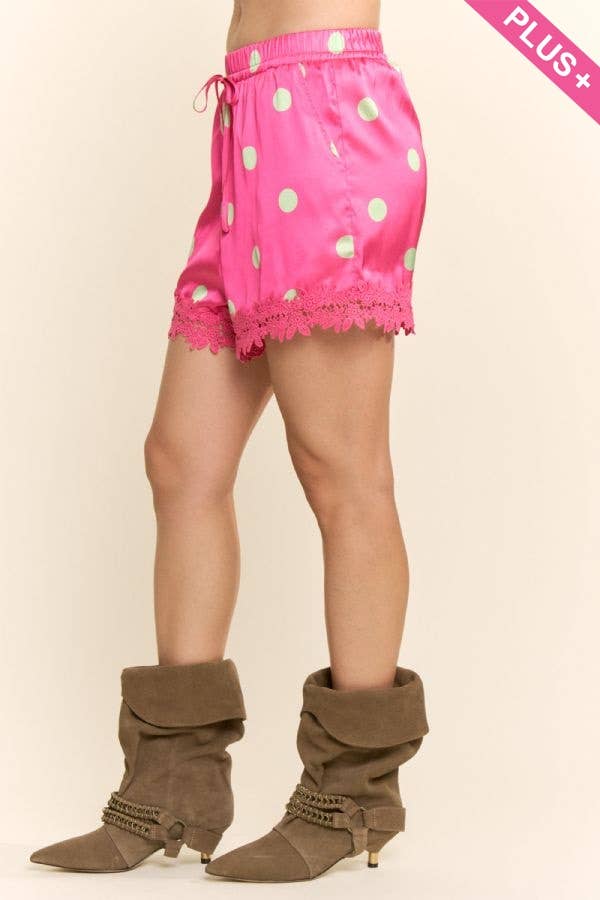 Plus - Polka Dot Satin Lace-Trim Shorts