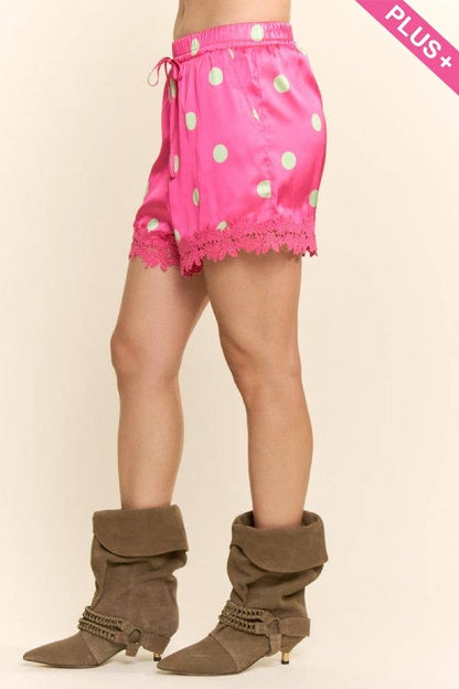 Plus - Polka Dot Satin Lace-Trim Shorts