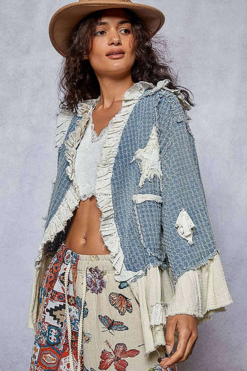 3/4 sleeve double gauze ruffle star denim woven jacket