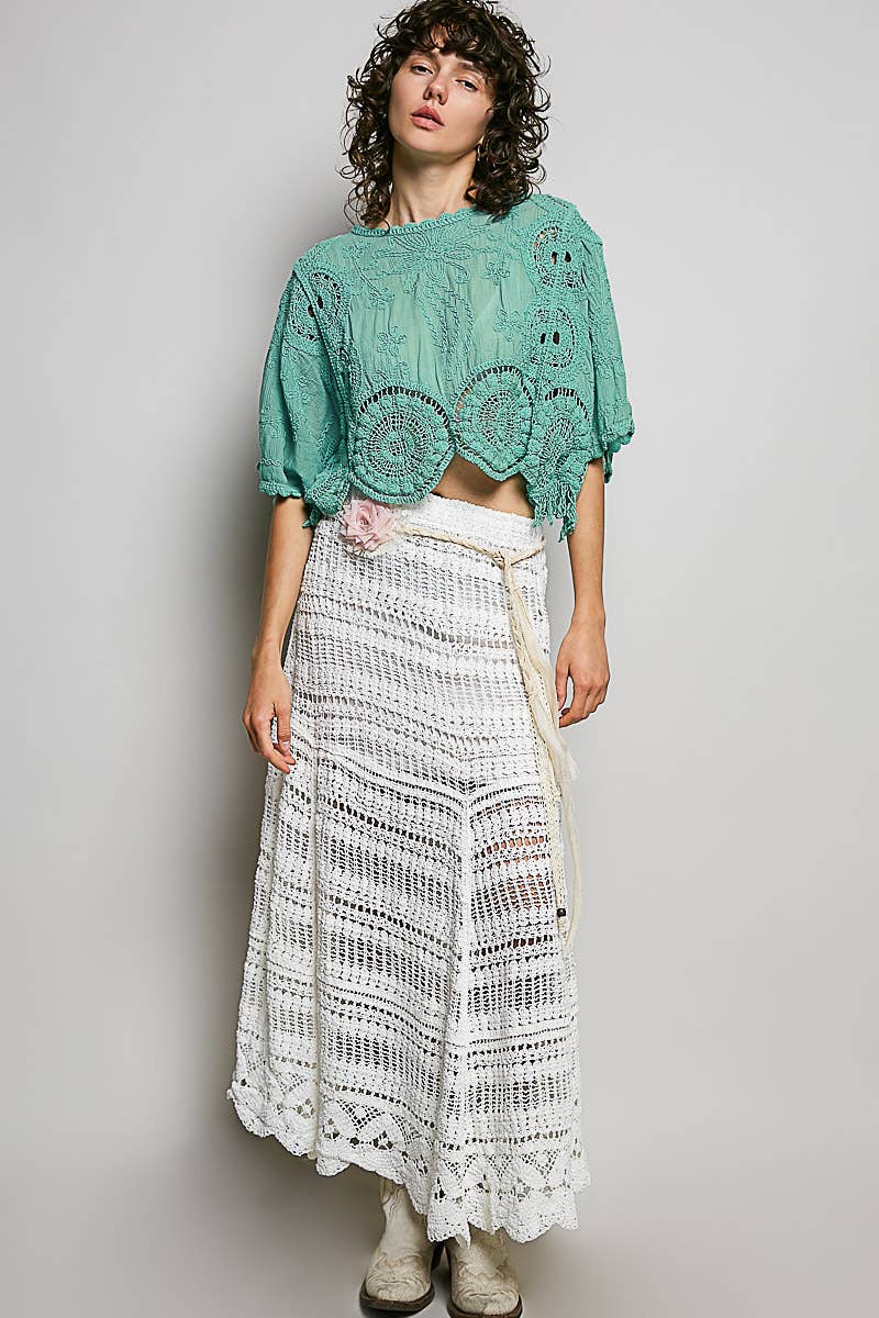 Scalloped knitted border Round Neck Crochet 3/4 Sleeve Top