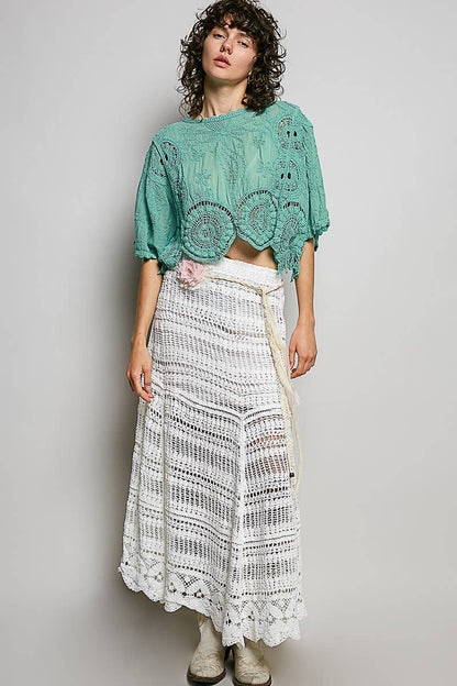 Scalloped knitted border Round Neck Crochet 3/4 Sleeve Top