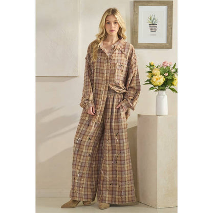 WASHED PLAID SMOCKED WAIST WIDE LEG PANTS