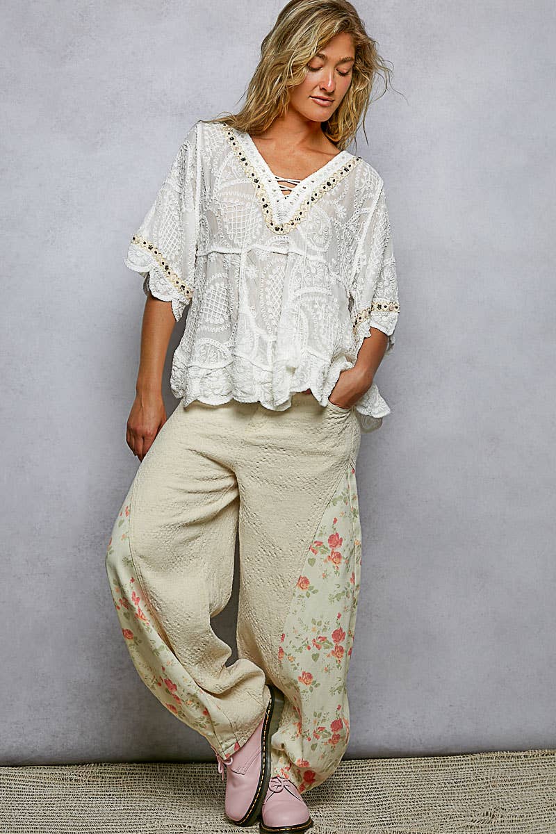 Short Sleeve Adjustable Drawstring Crochet V Neck Top
