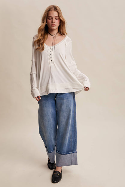 Textured Panel Button Henley Top