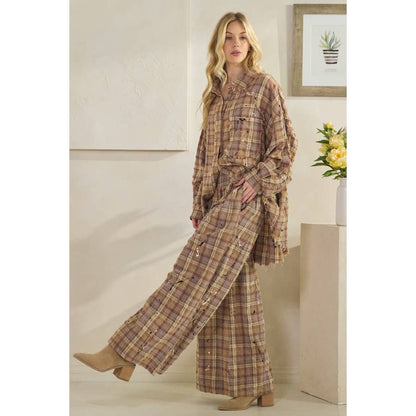 WASHED PLAID SMOCKED WAIST WIDE LEG PANTS