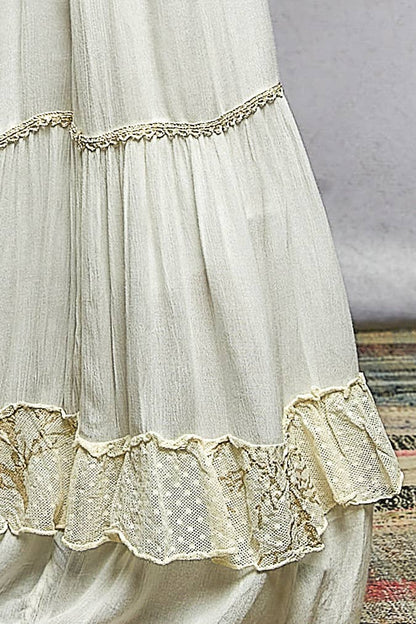 Smocked Waist Ruffle Embroidered Fringe Long Skirt
