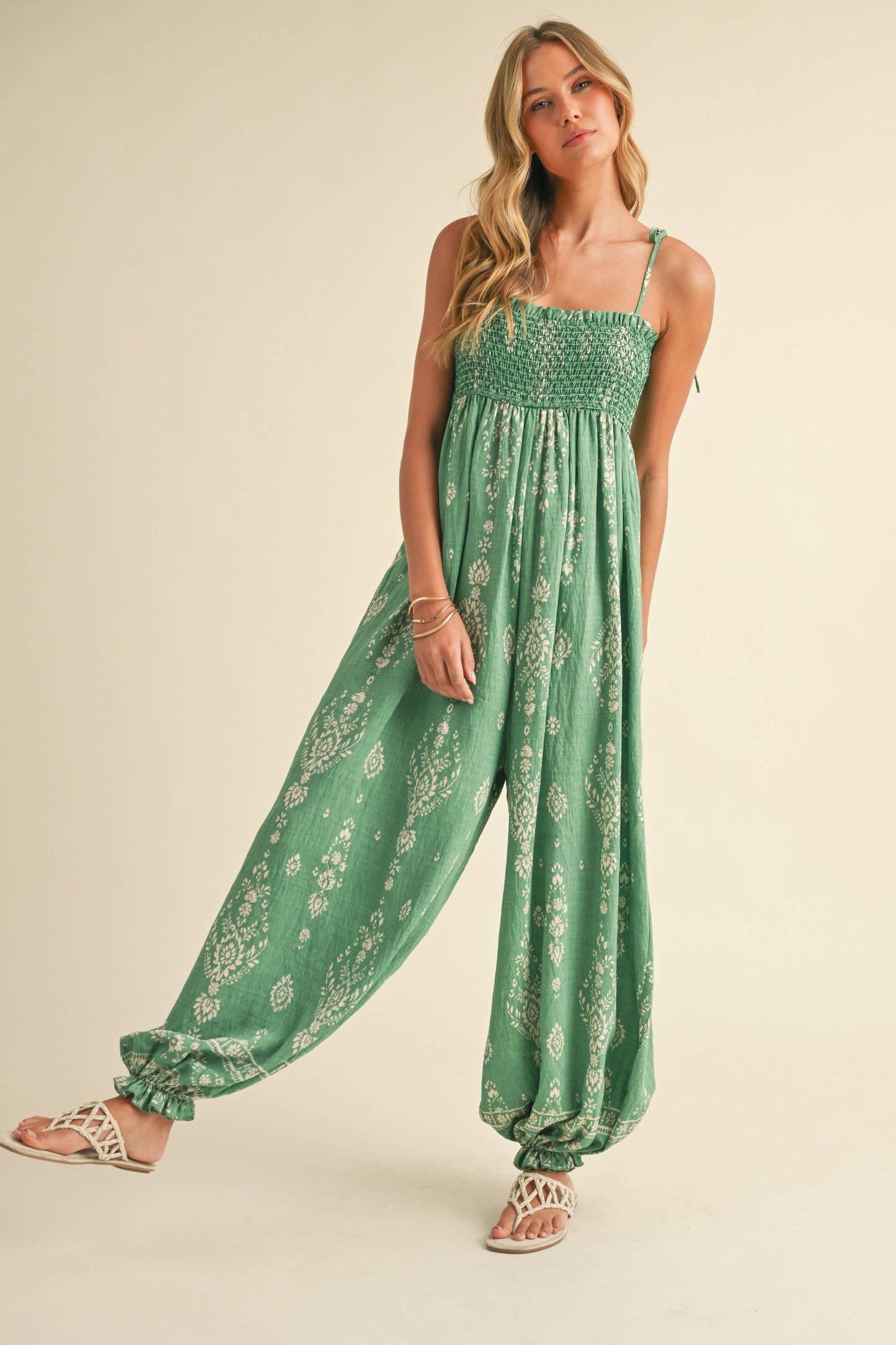GREEN SMOCKED BALLOON JUMPSUIT