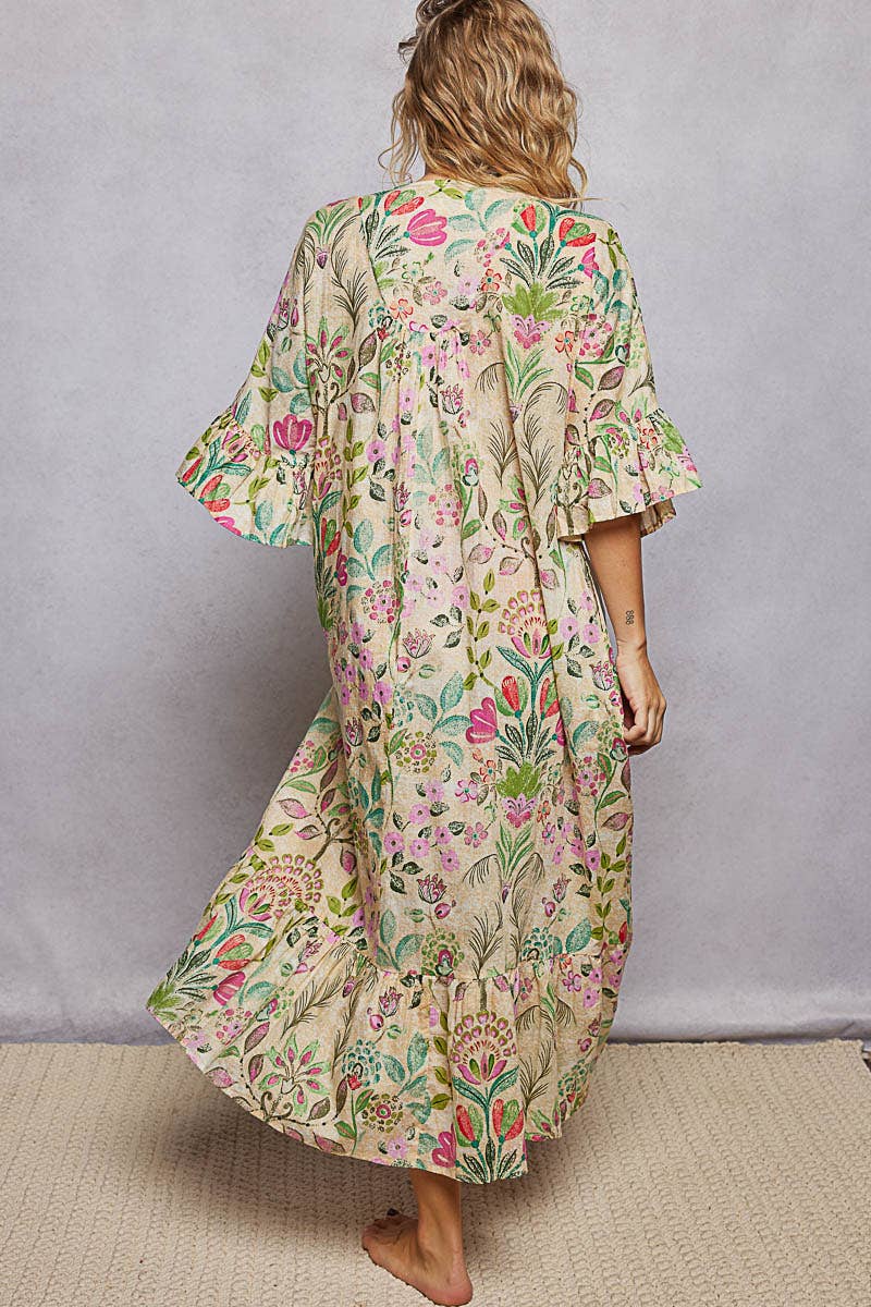 V-Neck Floral Print Bead Trim Boho Maxi Dress