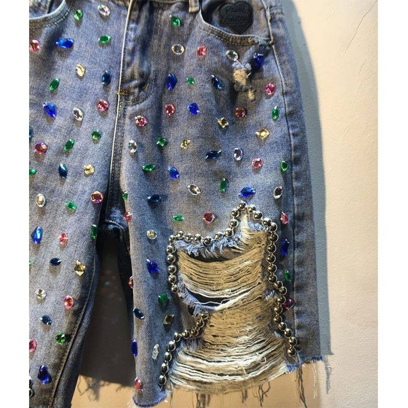 Beaded Rhinestone High Waist Distressed Denim Shorts