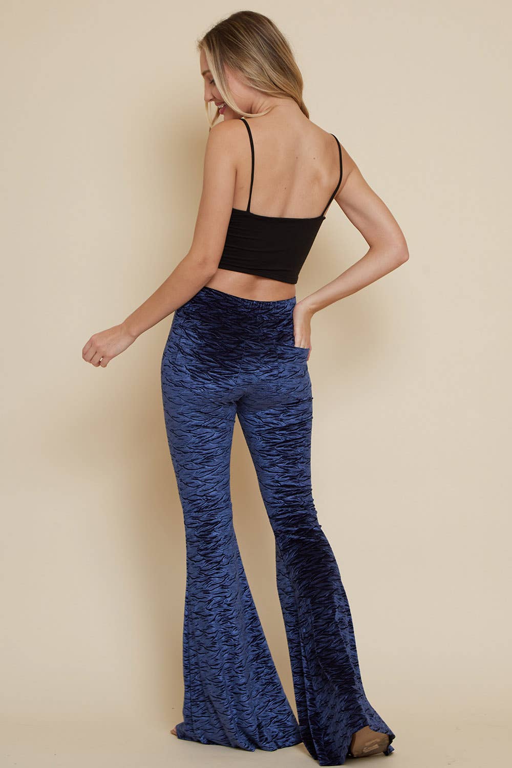 NAVY VELVET BURN OUT PRINT BELL BOTTOM