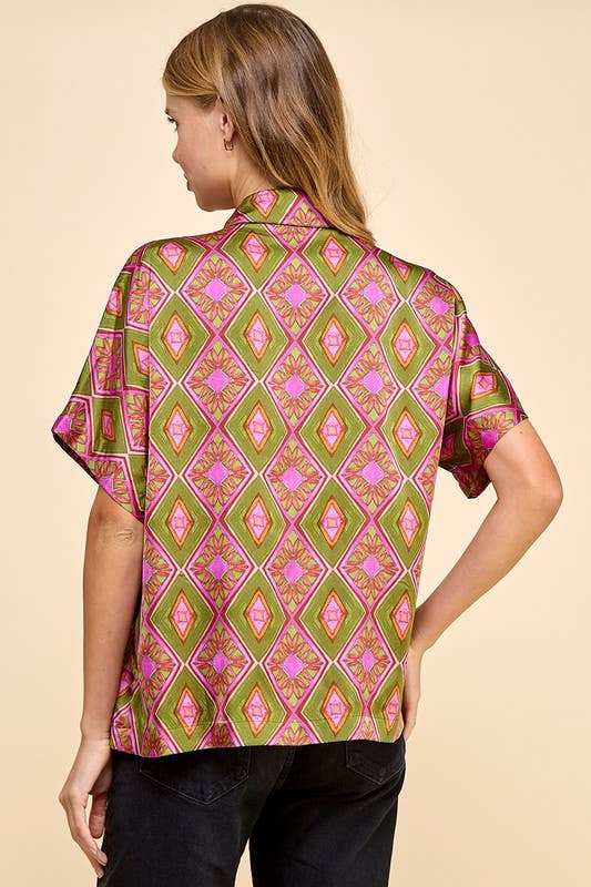 Green and Fuchsia Abstract Printed Button Down Top