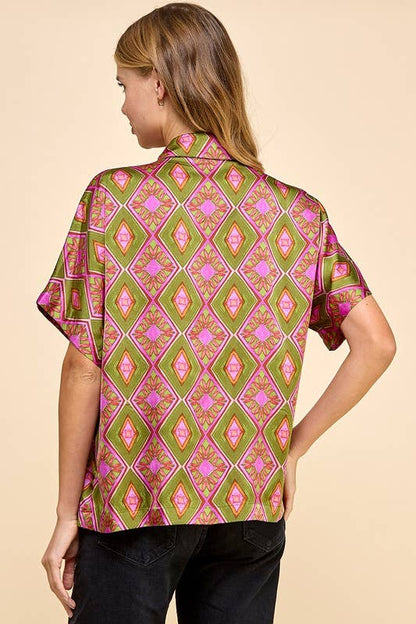Green and Fuchsia Abstract Printed Button Down Top
