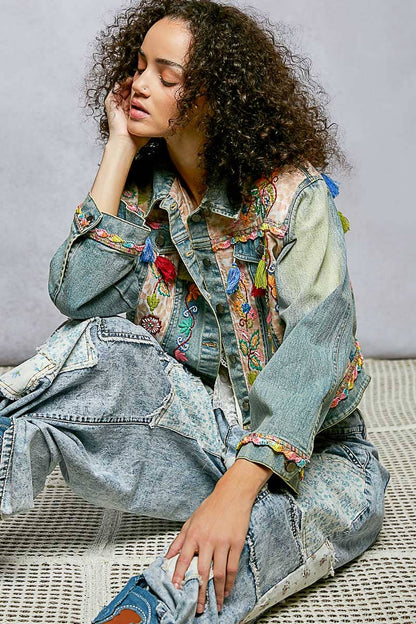 Floral Embroidery Lace Trim Tassel Denim Jacket