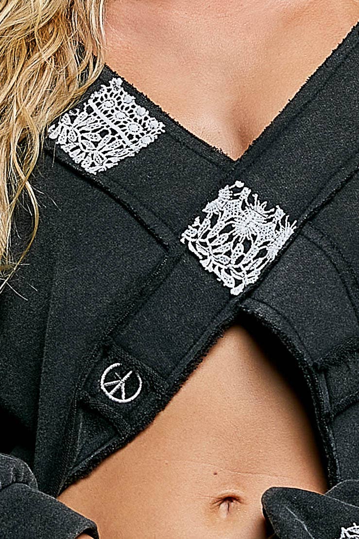 V-Neck Crochet Patch Cross Wrap Cropped Terry Top