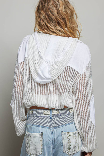Open Knit Button Down Pocket Front Hooded Shirt Top
