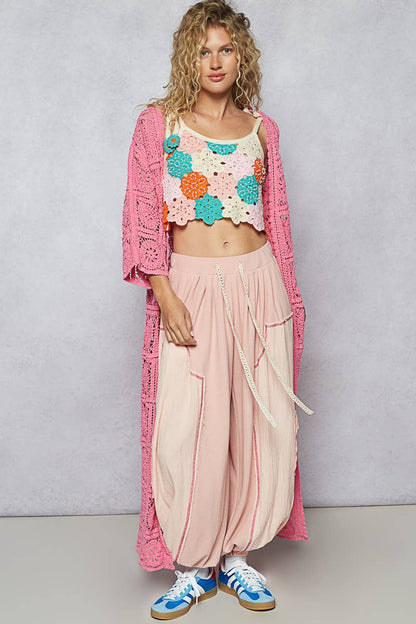 Long Sleeve Crochet Open Long Cardigan