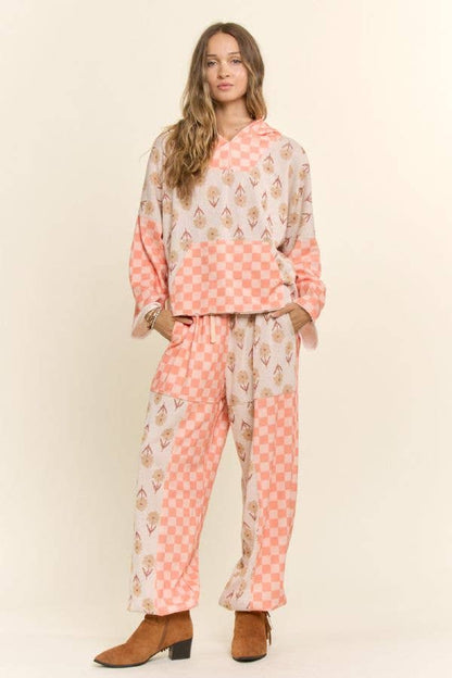 Retro Floral Checkered Patchwork Hoodie Lounge Set