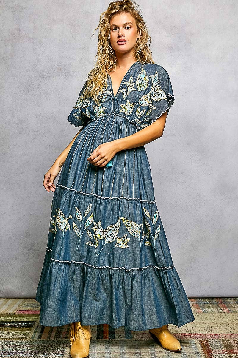 Embroidery Ruffle Cotton Denim V-Neck Long Dress