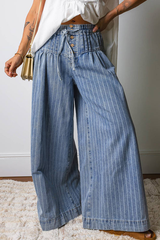 Stripe Button Pleated Drawstring Wide Leg Jeans