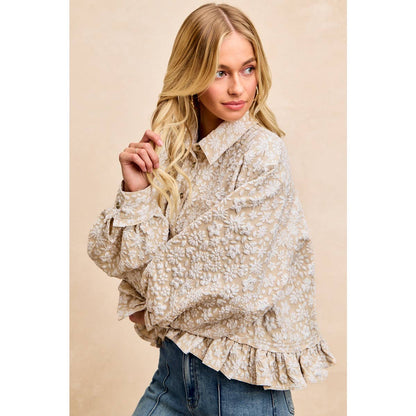 TEXTURED FLORAL PATTERN RUFFLED HEM SHIRT TOP