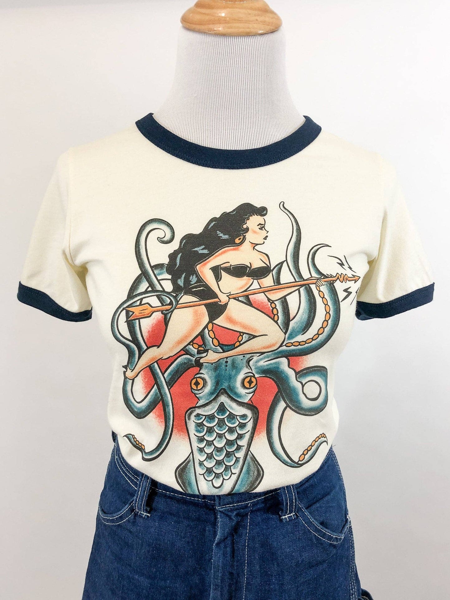 Daughter of the Kraken Fitted Ringer Tee in Natural/Navy