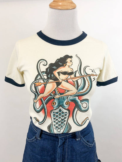 Daughter of the Kraken Fitted Ringer Tee in Natural/Navy
