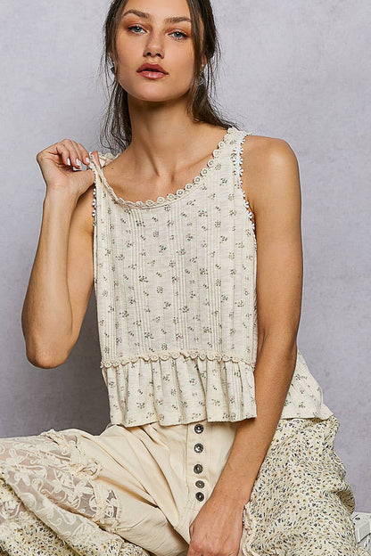 Round Neck Ruffle Hem Trim Detail Floral Sleeveless Top