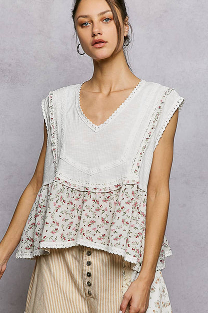 V-neck Floral Ruffle Sleeveless Top