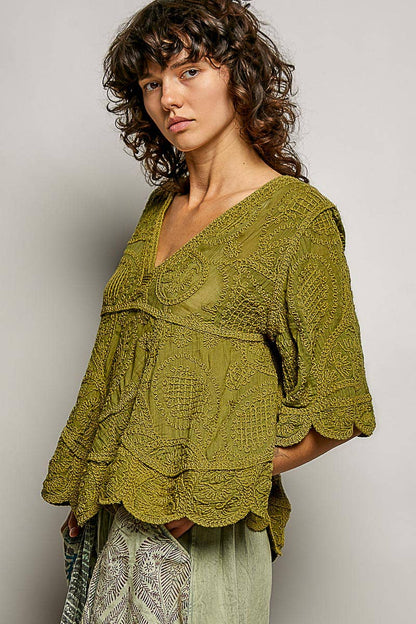 Short Sleeve V-neck Vintage Washing Solid Crochet Top