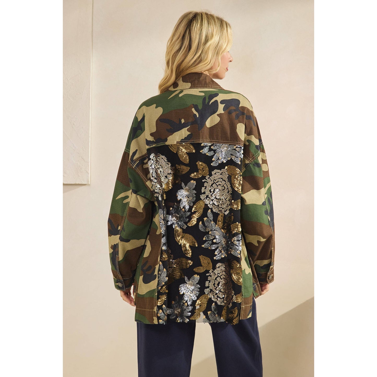 Camo Jacket with Floral Mesh Sequins Contrast