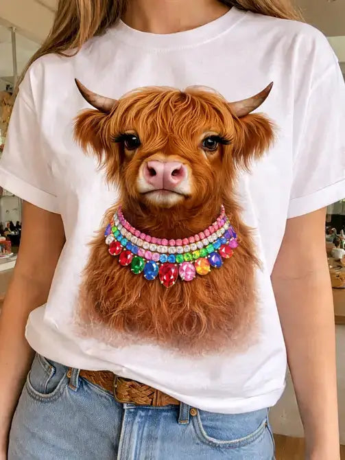 Jeweled Collar Highland Cow on White  Crew