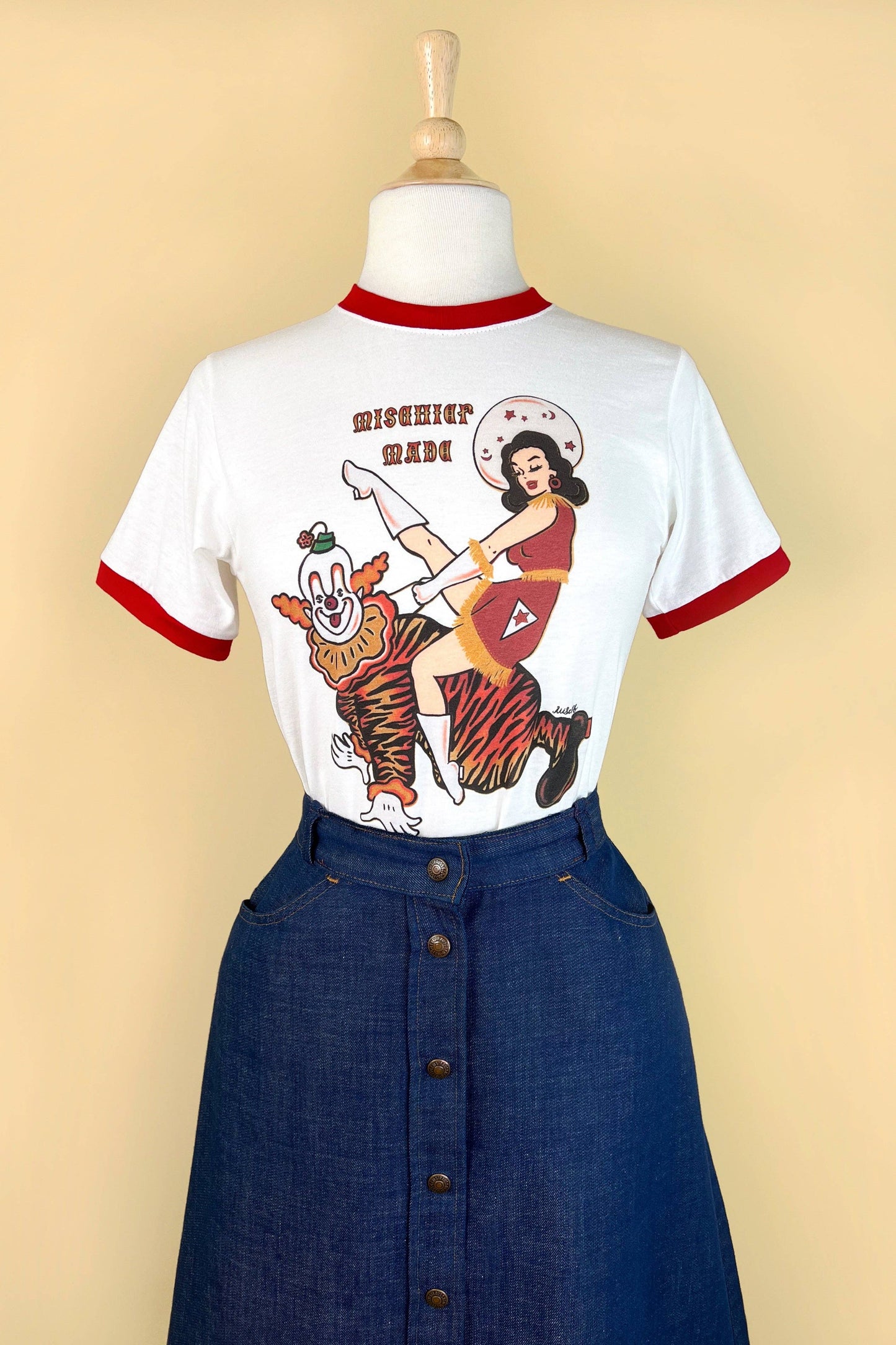 Clown In Around Unisex Ringer Tee in White/Pio Red