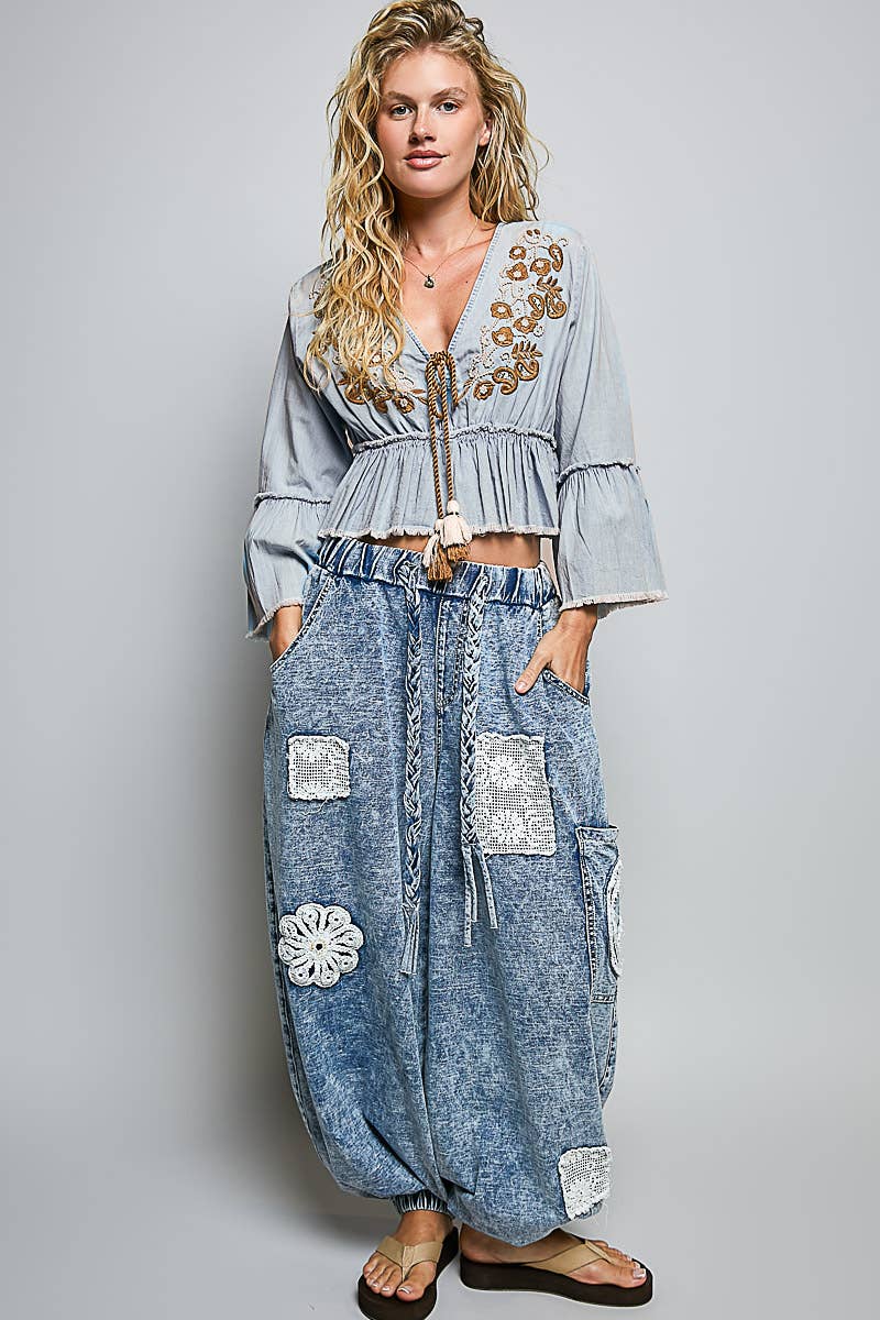 3/4 Sleeve Embroidered Bead Neck Loop Tassel Cotton Top