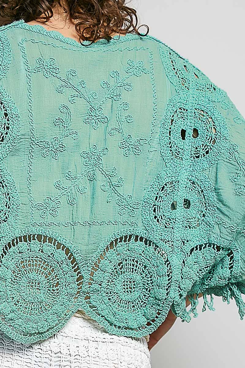 Scalloped knitted border Round Neck Crochet 3/4 Sleeve Top