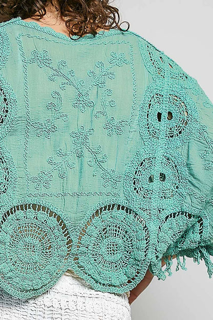 Scalloped knitted border Round Neck Crochet 3/4 Sleeve Top