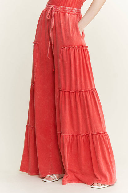 Mineral Washed Tiered Wide Leg Pants