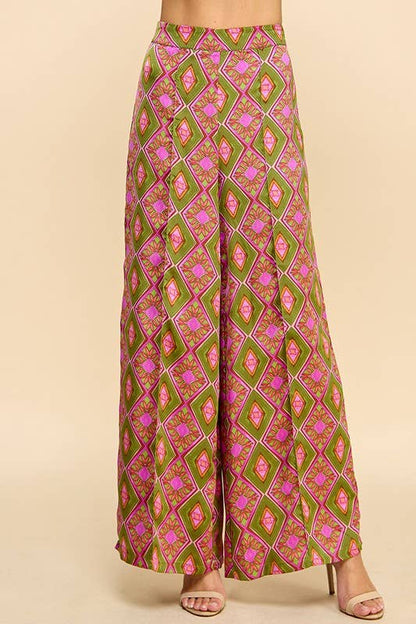 Green and Fuschia Abstract Print Pants