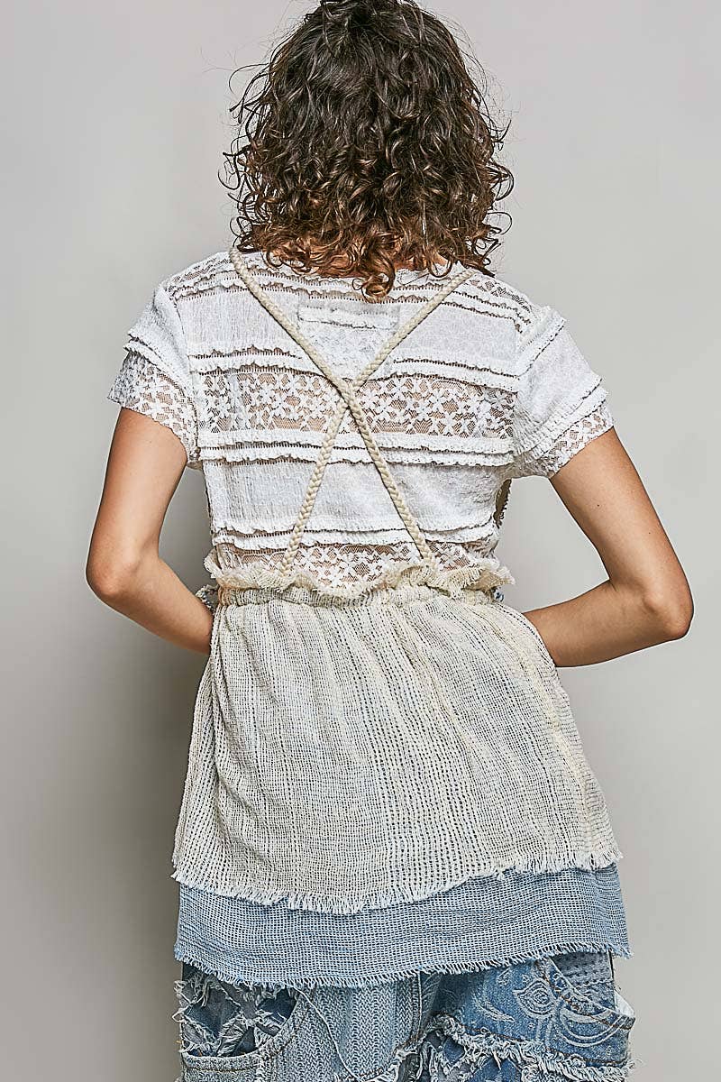 Stripe Loop Point Ruffle V-Neck Crochet Bra Top Sleeveless