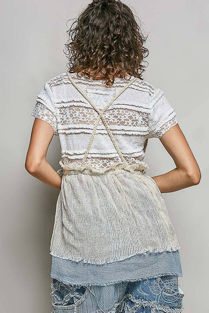 Stripe Loop Point Ruffle V-Neck Crochet Bra Top Sleeveless